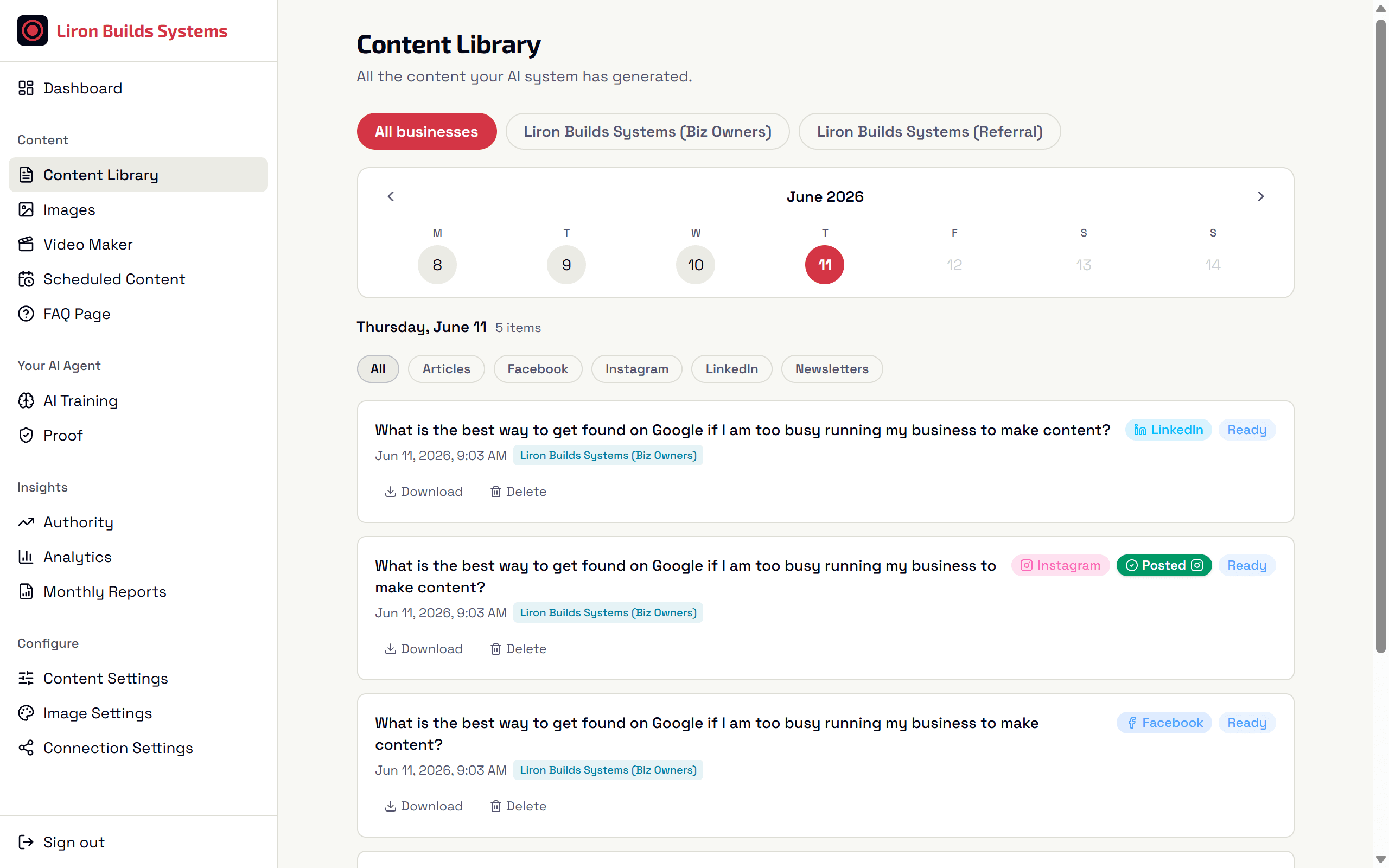 Answer Content Engine portal content editor showing answers written from the business knowledge base