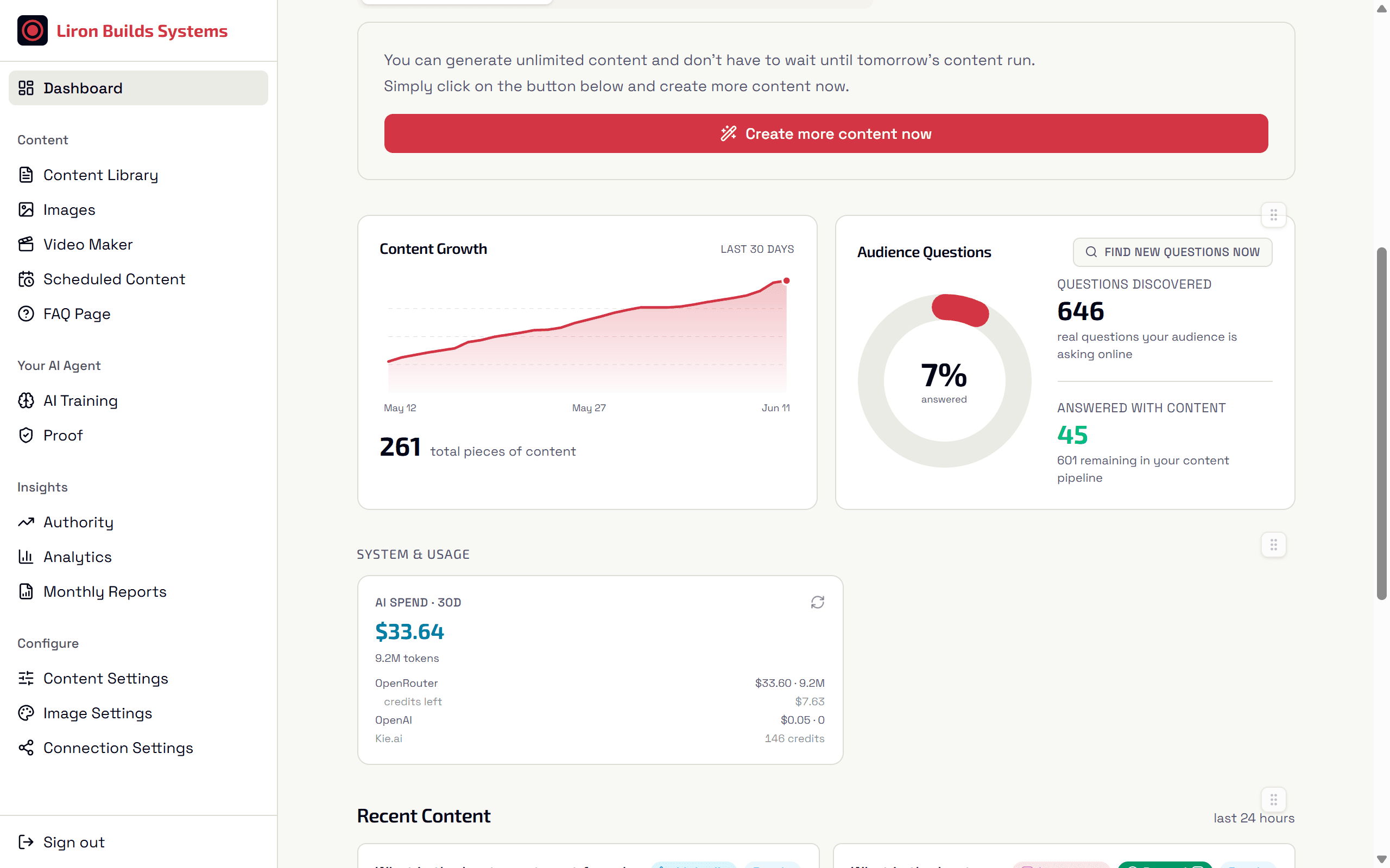 Answer Content Engine portal showing buyer questions researched in real time